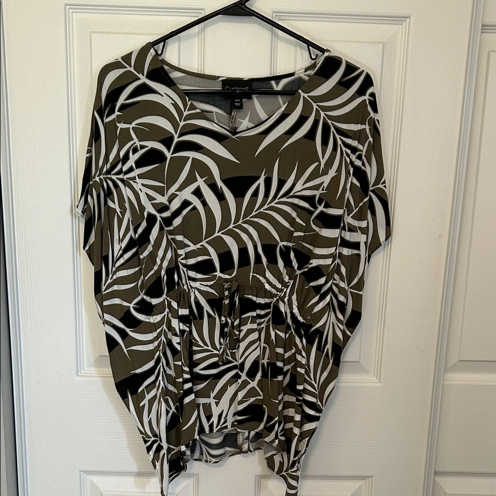 CURATIONS Olive and Black Leaf Print Tunic Cinch Waist Blouse Women's Medium